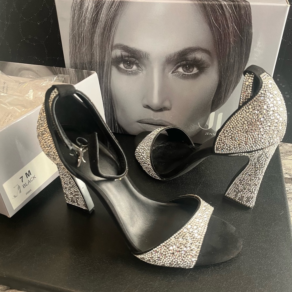 Jennifer Lopez Black and Silver Sparkle Heels